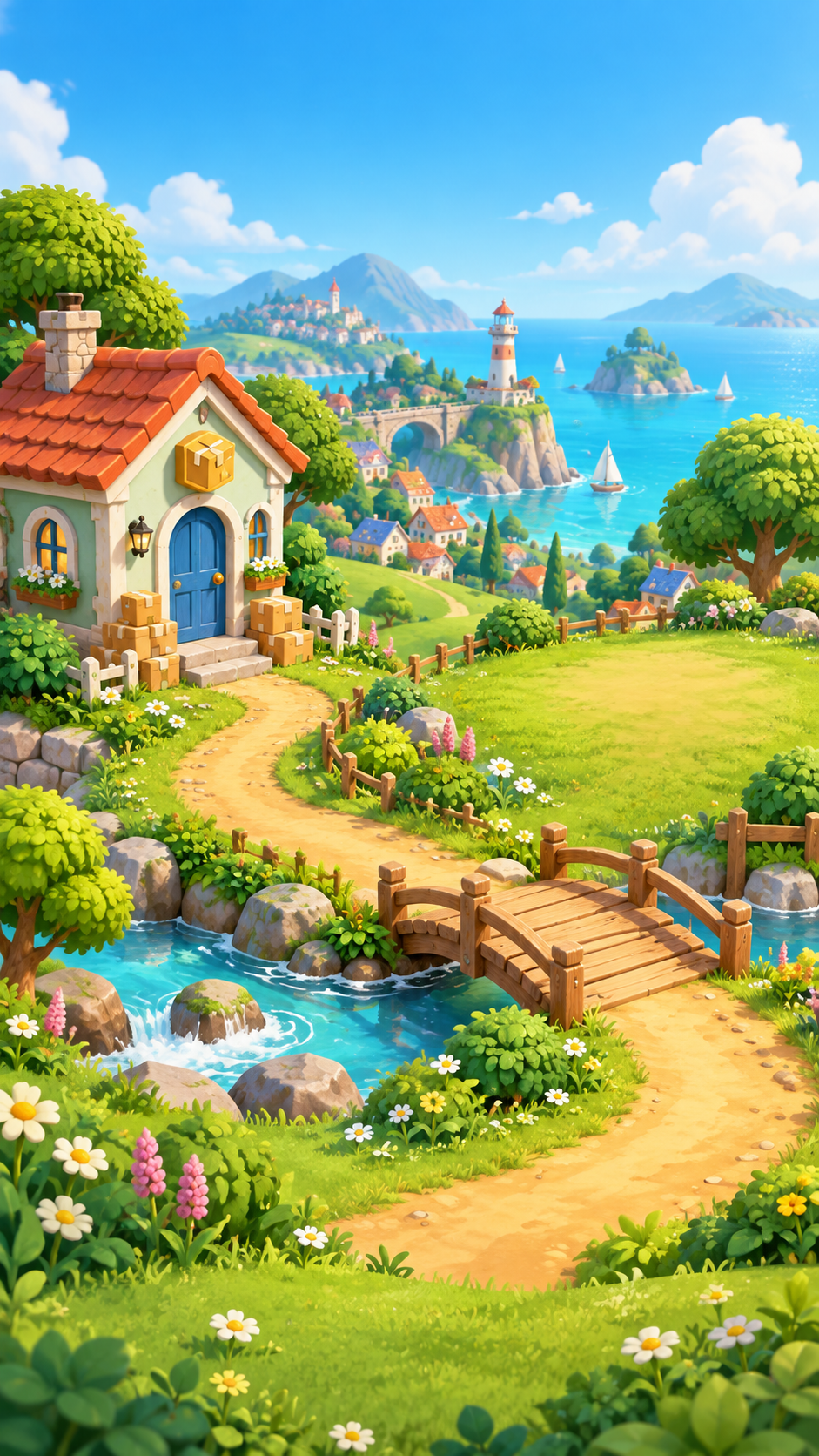 Parcel Panic's painted seaside village, with a sunny parcel depot, winding path and lighthouse